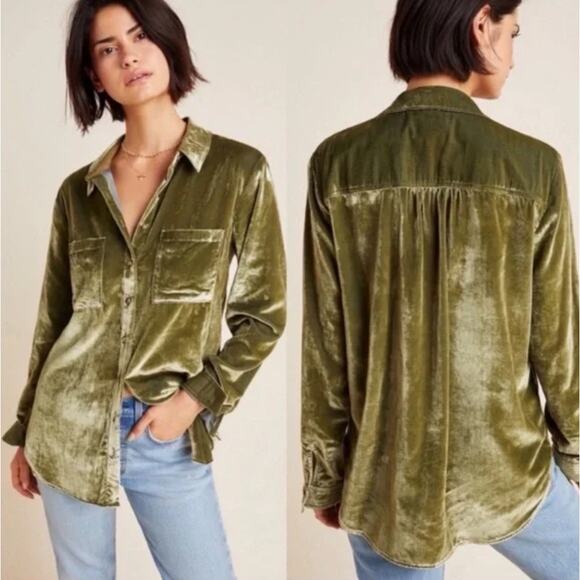 Maeve Tops - MAEVE Anthropologie Karina Velvet Holly Green Button Up Shirt Size 6
